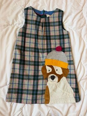 Mini Boden Plaid Dog Appliqué Dress in Pink and Green